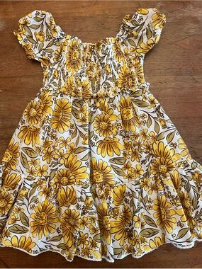 Girls Yellow Floral Smocked Casual Dress